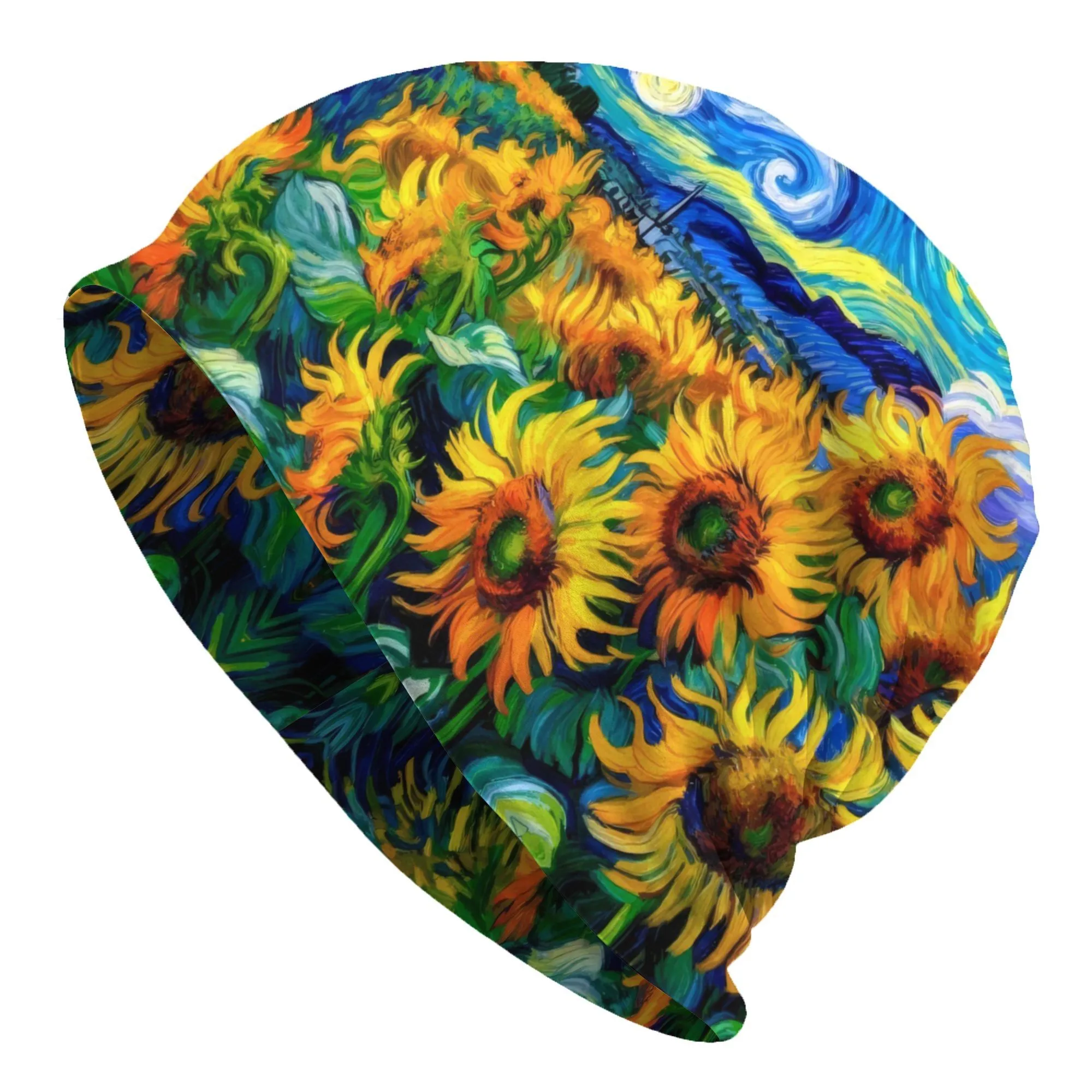 Unisex Sunflower Starry Sky Print Beanie Hat 2D Sunflower Field Design Hip-Hop Skull Cap Suitable for Skiing Winter