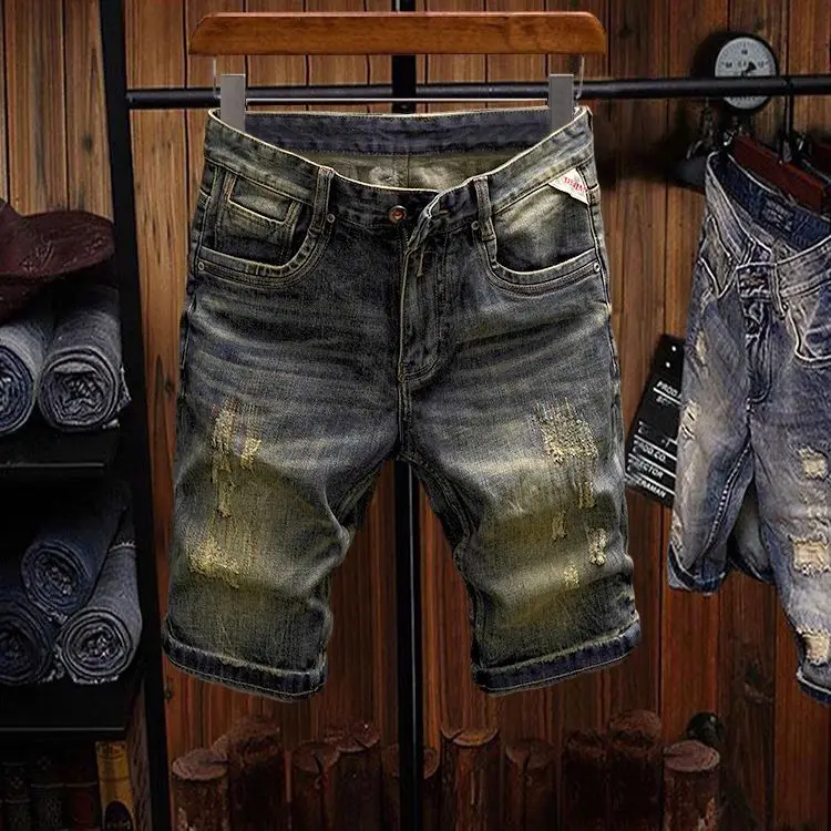 Summer High-end Denim Shorts Men's Slim Straight Retro Old Ripped Holes Embroidery Nostalgic Wahed Bermuda Short Half Trousers