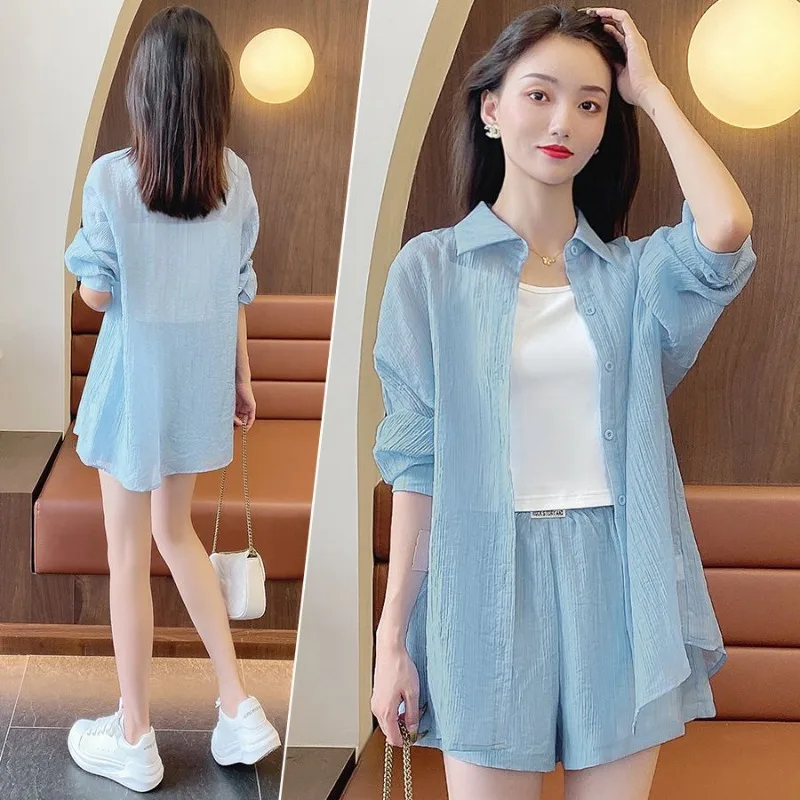 

Sunscreen Set Summer Loose Shirt Shorts Three Piece Sets Streetwear Womenswear Trends Loose Casual Lapels Single-breasted