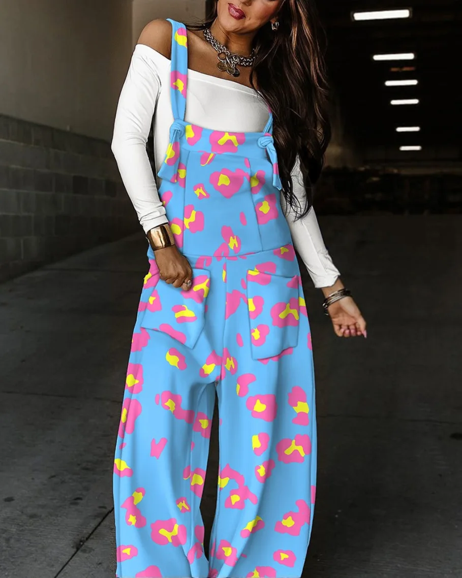 

Women's Colorful Leopard Print Overalls - Wide Leg Loose Fit Casual Jumpsuit with Adjustable Straps High Waist Fashion Streetwe
