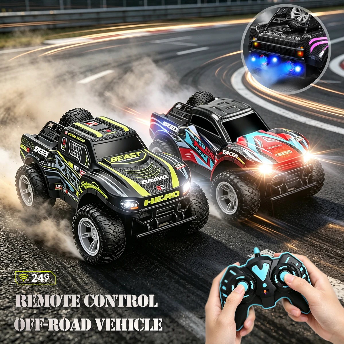 2.4G Remote Control Off-Road Car Toys For Kids, Electric Light Spray High-Speed Pickup Truck Car Model Gifts
