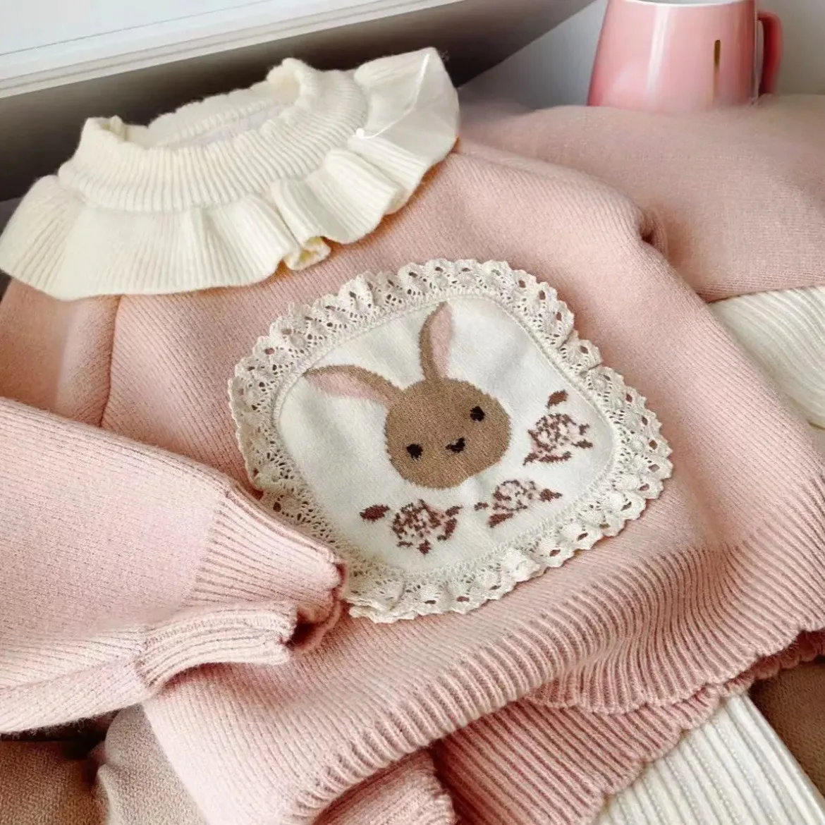 Suitable for0-6 years old girls set cotton casual sports suit Autumn winter thick warm cartoon cute rabbit hoodie + pants 2 sets
