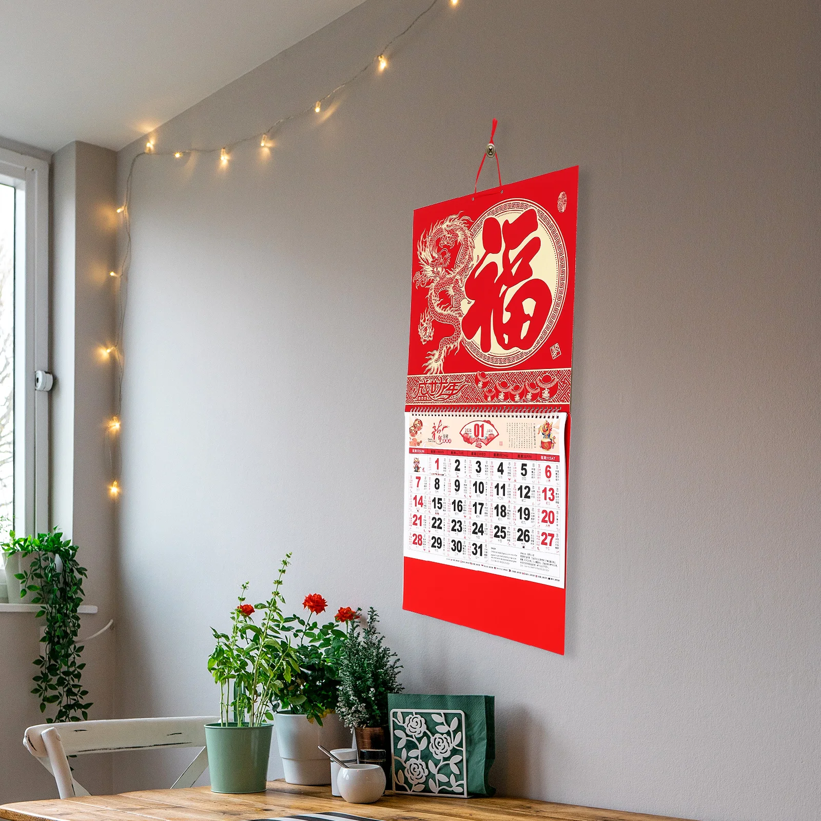 

Подвесной настенный календарь на 2024 год Дракона, плотная бумага, прозрачная печать, лунная дата, традиционный китайский новогодний календарь, ежемесячный календарь