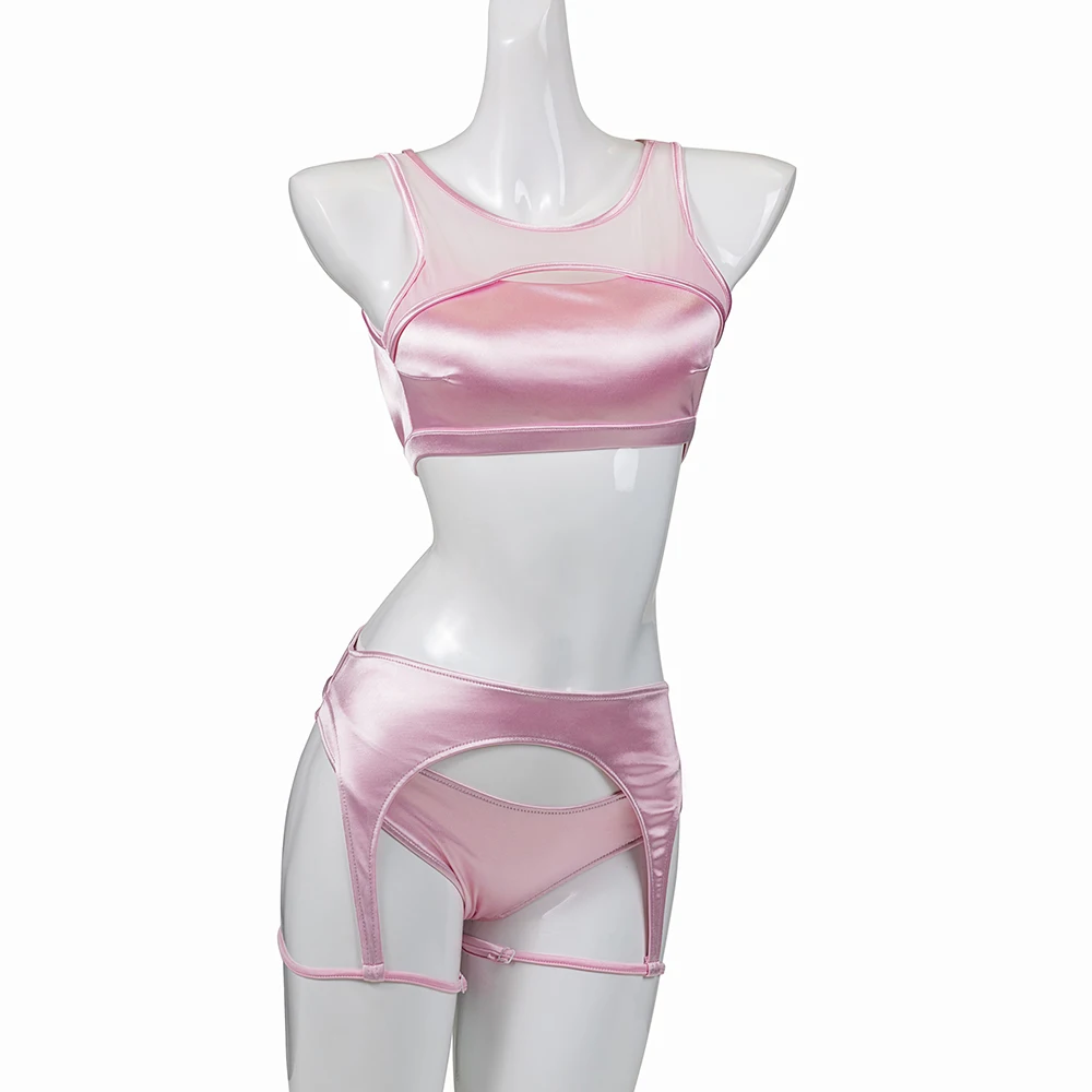 Hope&Win 2022 Newest Women\'s Pole Dance Wear Short Triangles And a Belt Imitating Suspenders Sexy Party Clubwear Pink Satin