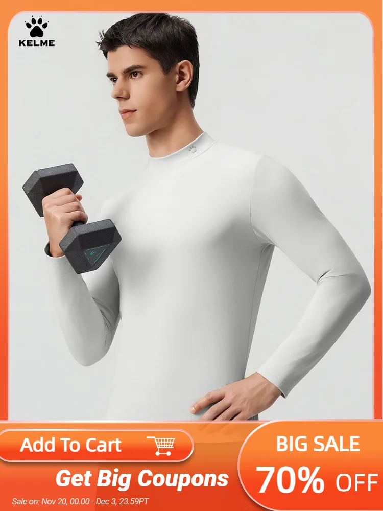 

Kelme Men's High Neck Sports T-shirt With Velvet Warm Running Hoodie Outdoor Sports Base Long Sleeve Hoodie