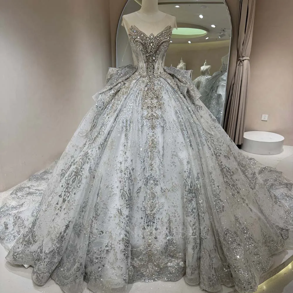 

Индивидуальные свадебные платья с короткими рукавами, блестящими пайетками и бисером, со шлейфом, коллекция 2026