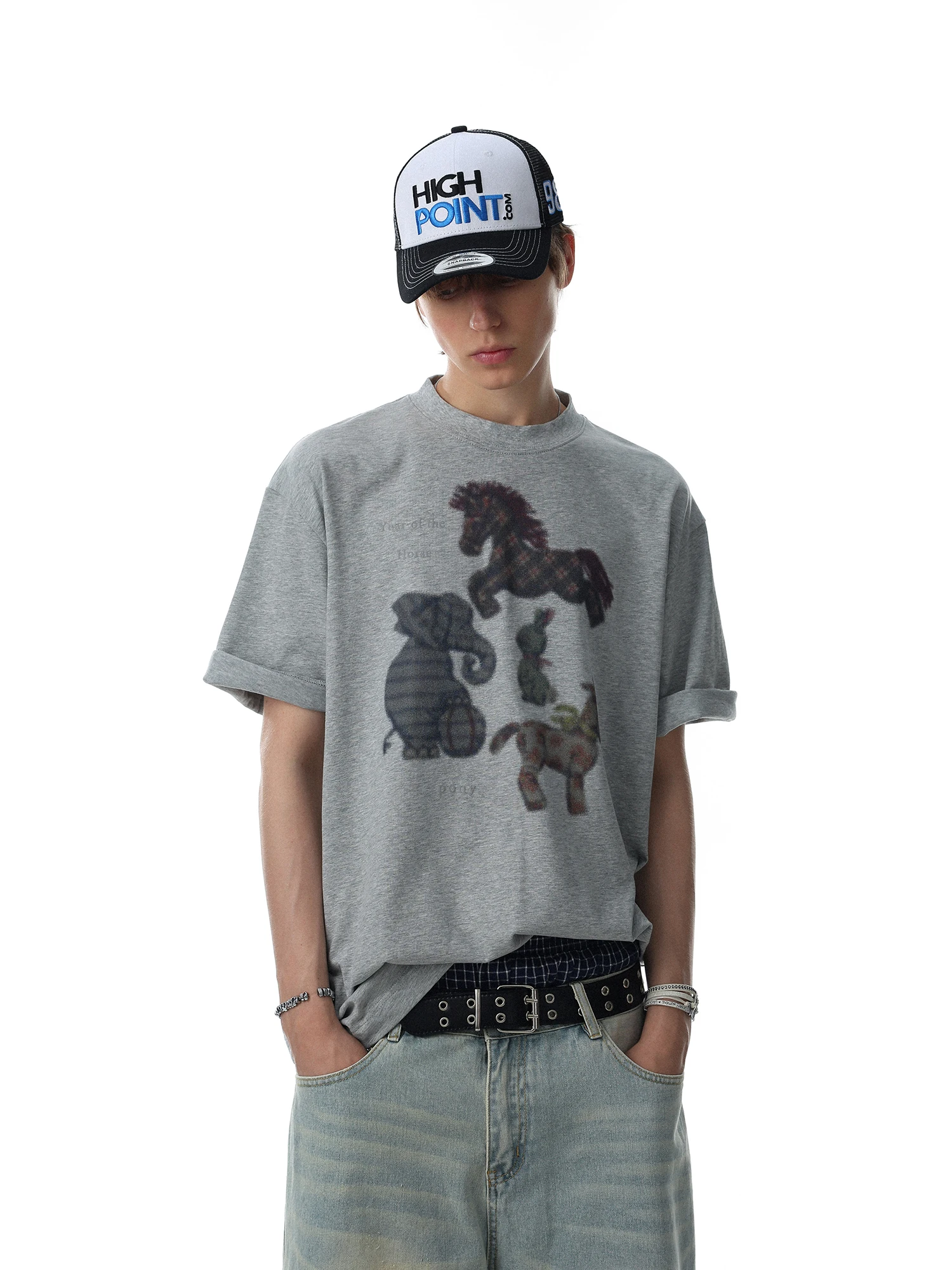 American Retro Animal Print Short Sleeve T-Shirt Men's Loose Versatile round Neck Vintage Pattern Trendy Cotton Casual Top
