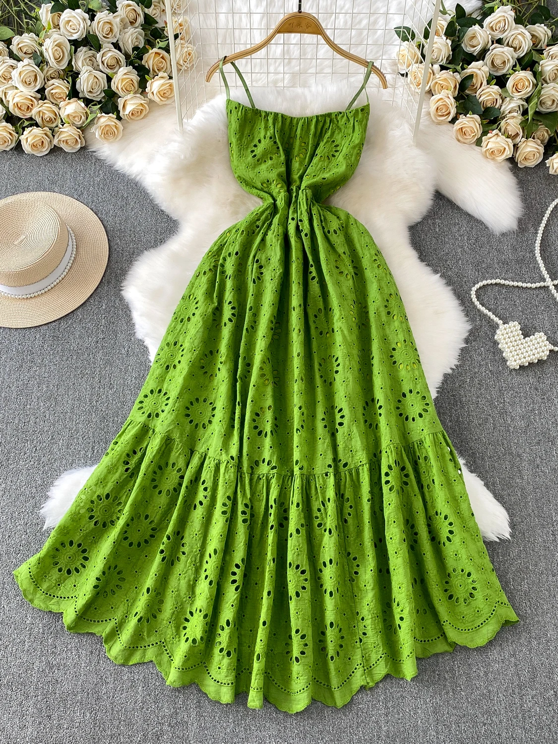 Abito lungo da donna Abito con bretelle cavo all'uncinetto in pizzo blu Vacanza estiva Festa in spiaggia Boho