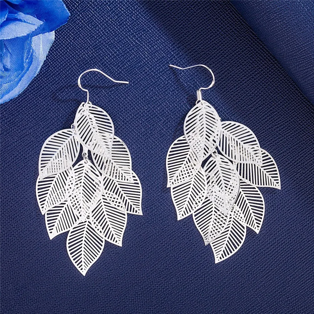 Fine 925 Sterling Silver Tassel Layered Leaves Drop Earrings for Woman fashion party Trendsetter wedding Jewelry Holiday gift