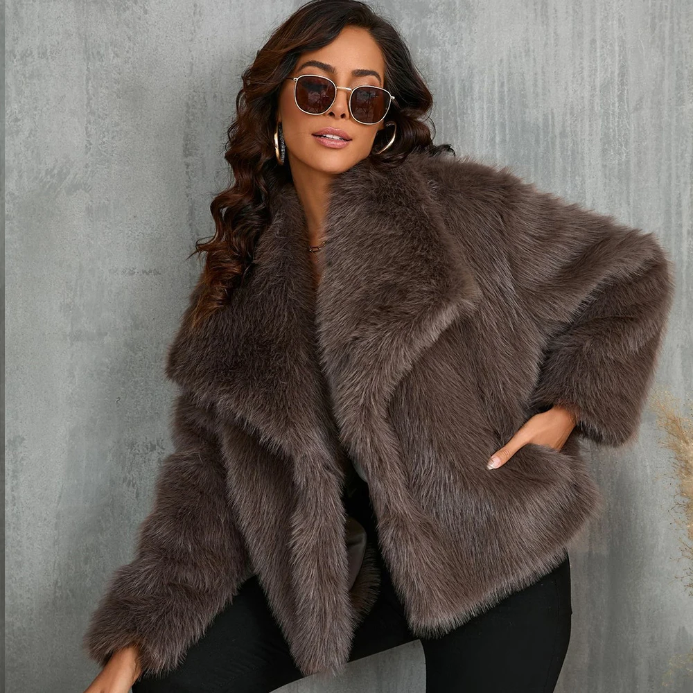 Faux Fur Short Coat for Women, Casual Fashion, Turn-down Collar Long Sleeve, Fox fur, Fluffy plush Autumn, Winter Coats