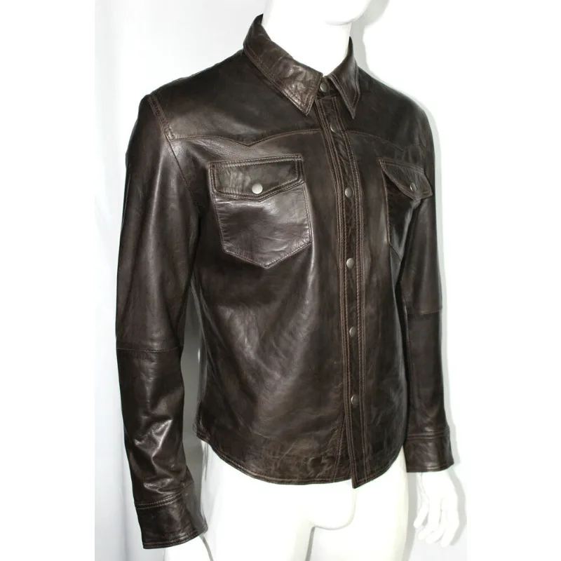 Men's Genuine Lambskin Leather Shirt Premium Soft Slim Motorcycle Button Jacket