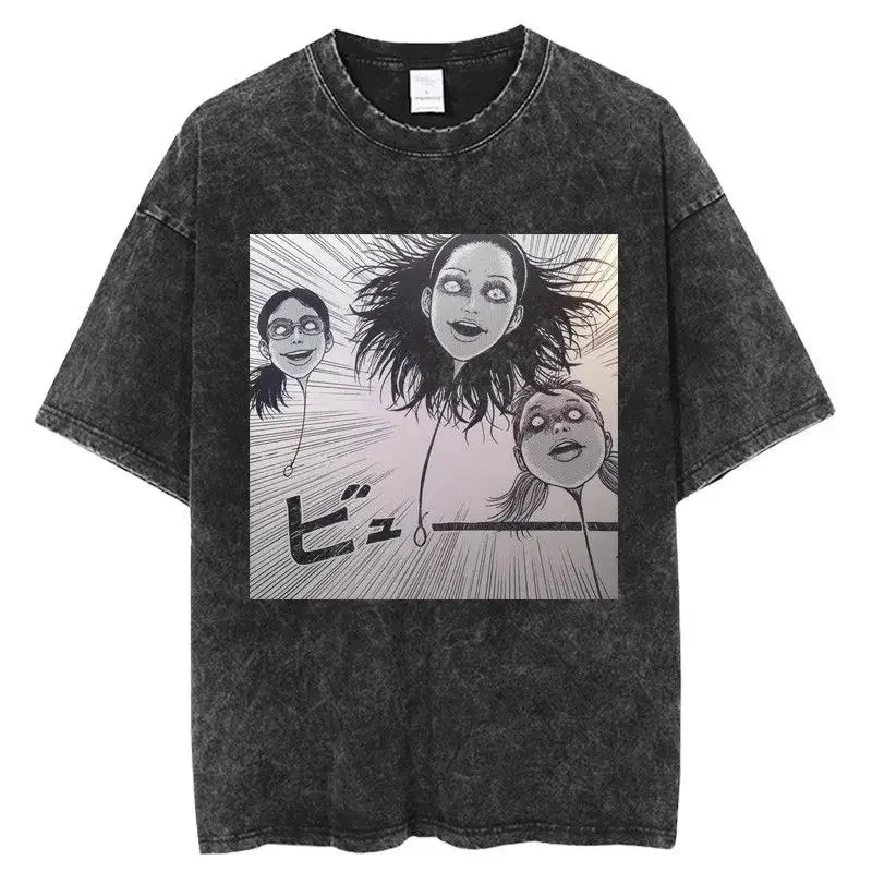 Tomie Junji Ito Richiang Vintage Washing Distressed Printing Short Sleeve T-shirt For Men Crew Neck Ghost Slayer Top