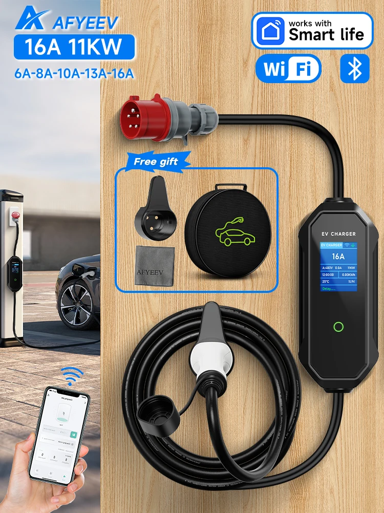 AFYEEV Typ2 IEC62196-2 Tragbares EV-Ladegerät 11 kW 3 Phasen Autoladegerät Wi-Fi Bluetooth APP-Steuerung CEE-Stecker für Elektrofahrzeuge