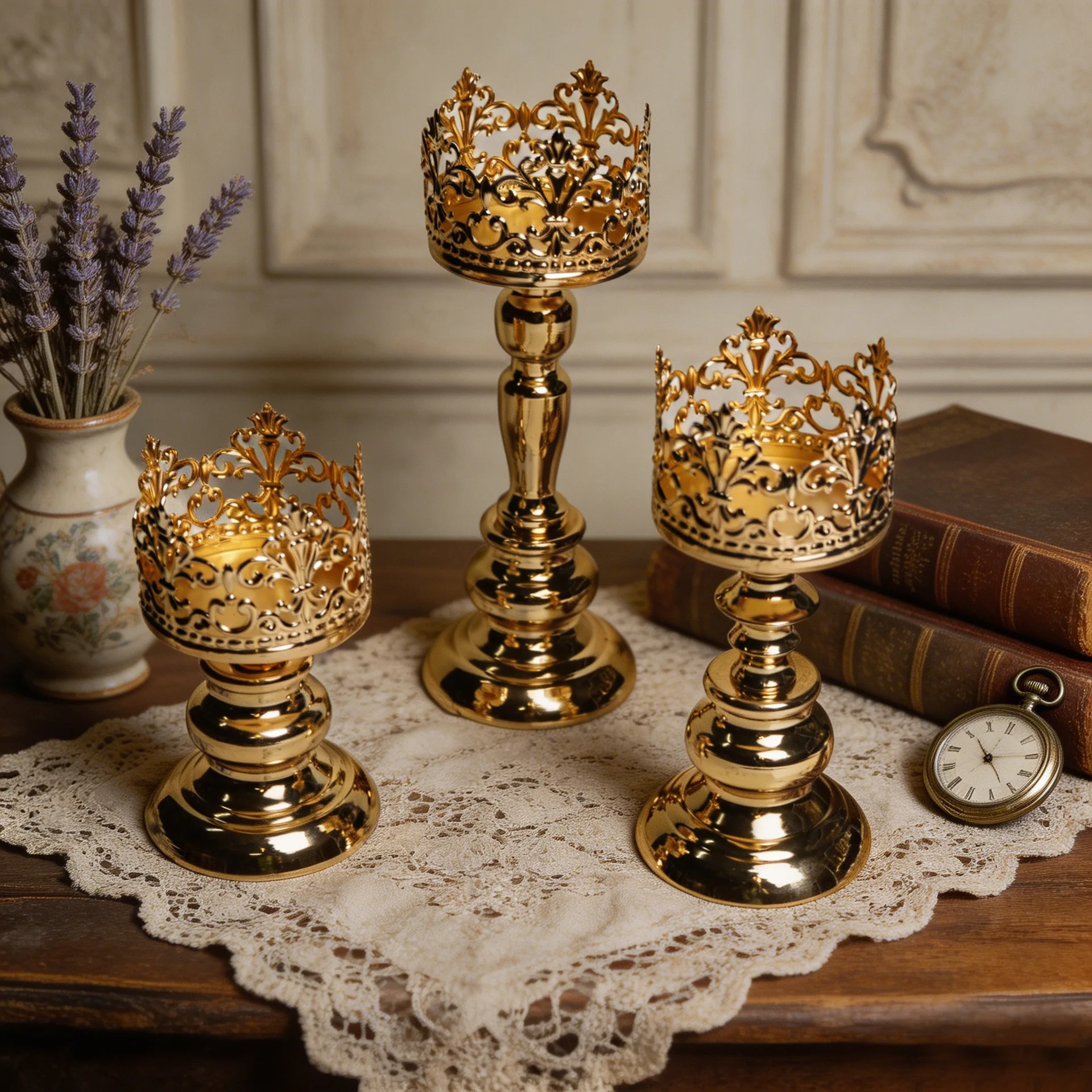 Morocco Retro Hollow Crown Candle Holder Three-Piece Set Wrought Iron Candle Cup Large Candle Cover Wedding Decoration Ornament