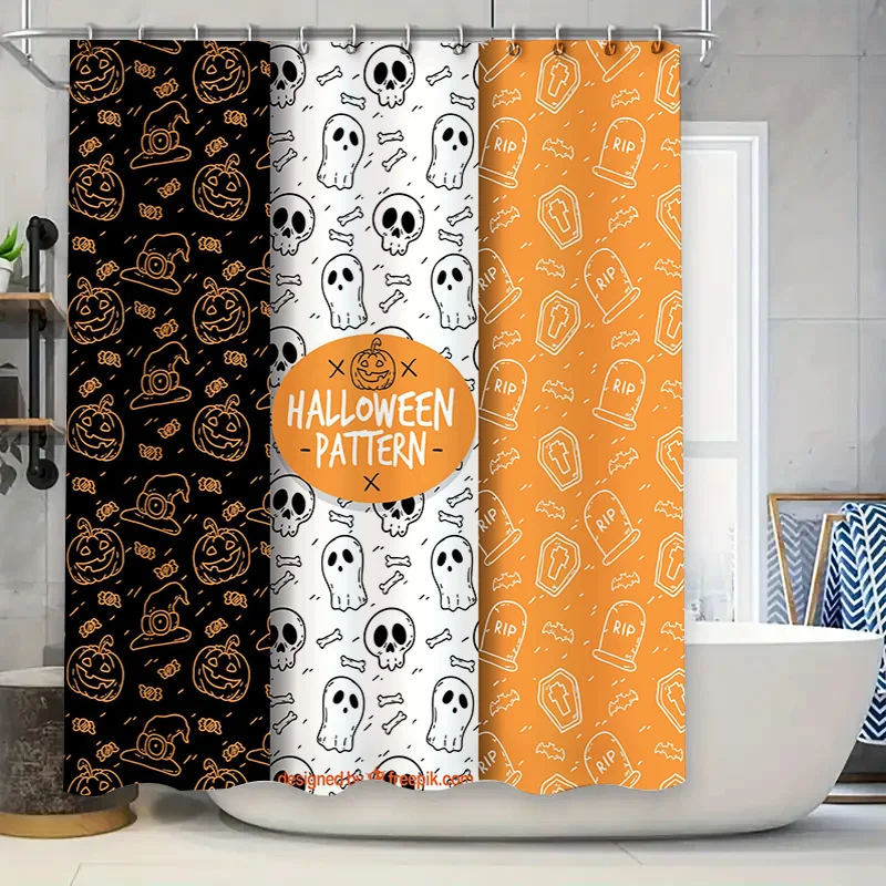 Haunting Halloween Patterns Shower Curtain Set Creepy Pumpkin Skull Bones Print for Home Decor Orange Black White Collection by