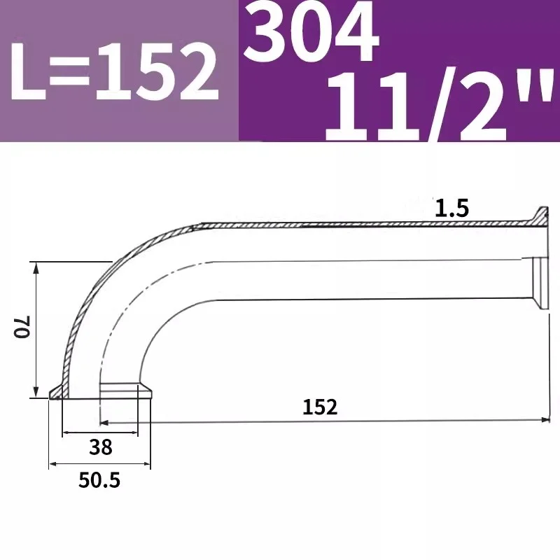 1,5" (38 mm) OD50,5 mm L=152 mm Curvatura per tubo di prolunga unilaterale a 90 gradi, raccordo per tubo a gomito con collegamento a tre morsetti, SS304