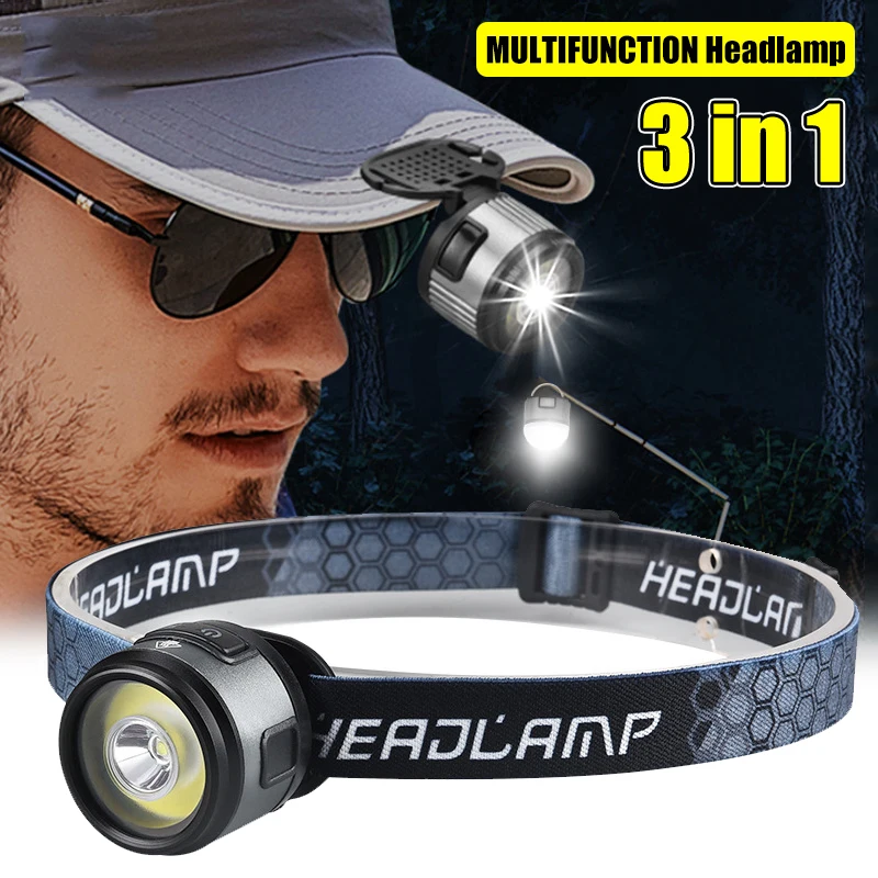 3 In 1 Multifunctional XPG+COB Headlamp with Magnet Hook Cap Clip Lamp Camping Lamp Glare Flashlight Running Night Fishing