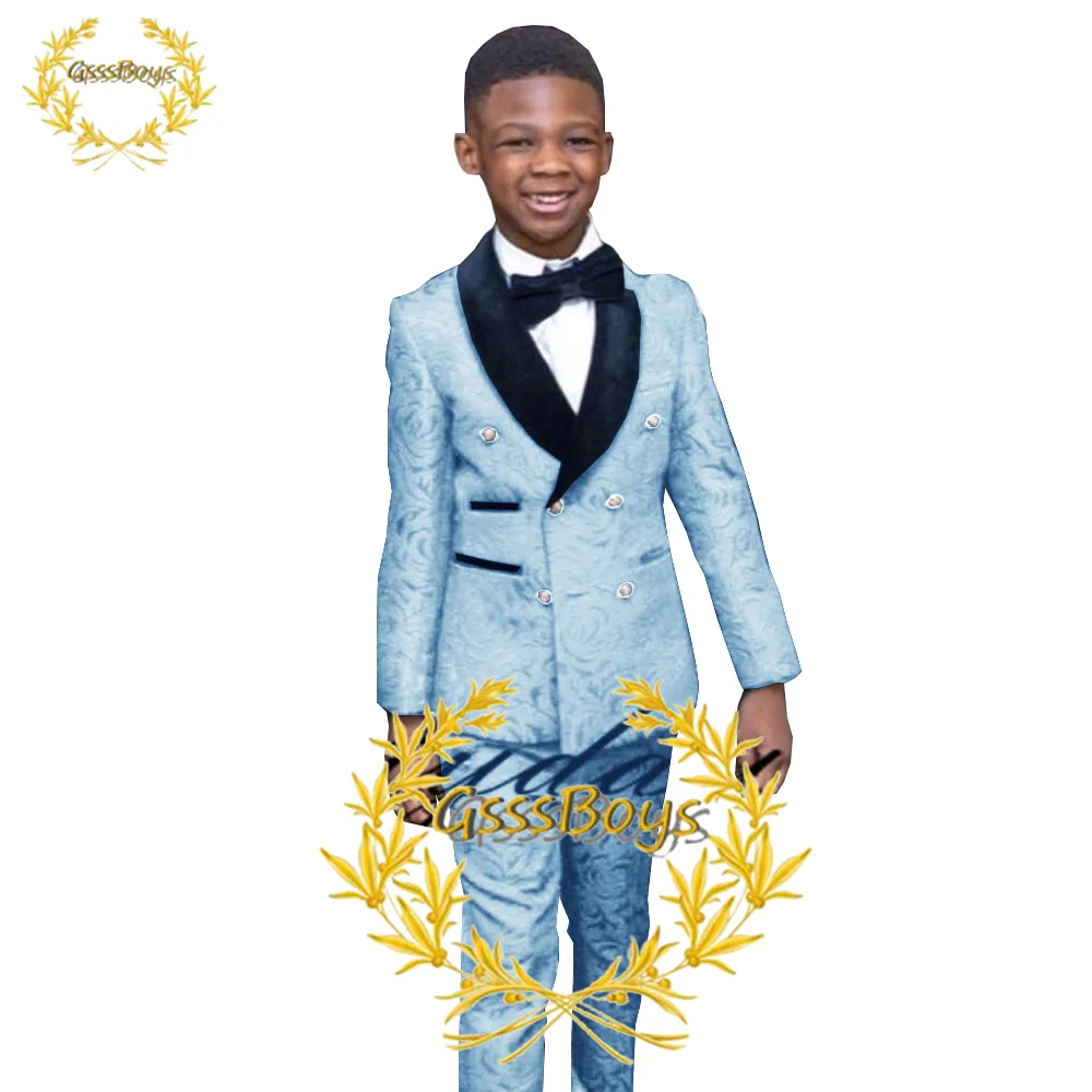 Royal Blue Suit for Boys Tuxedo for Wedding Print Double Breasted Jacket Pants 2 Piece Formal Kids Blazer Trousers Set