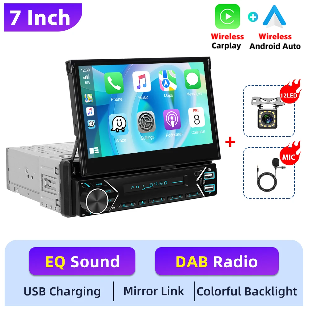 Podofo 1DIN Elektrisch intrekbare autoradio draadloze CarPlay Android Auto Mirror Link multimediaspeler DAB FM USB Type-C