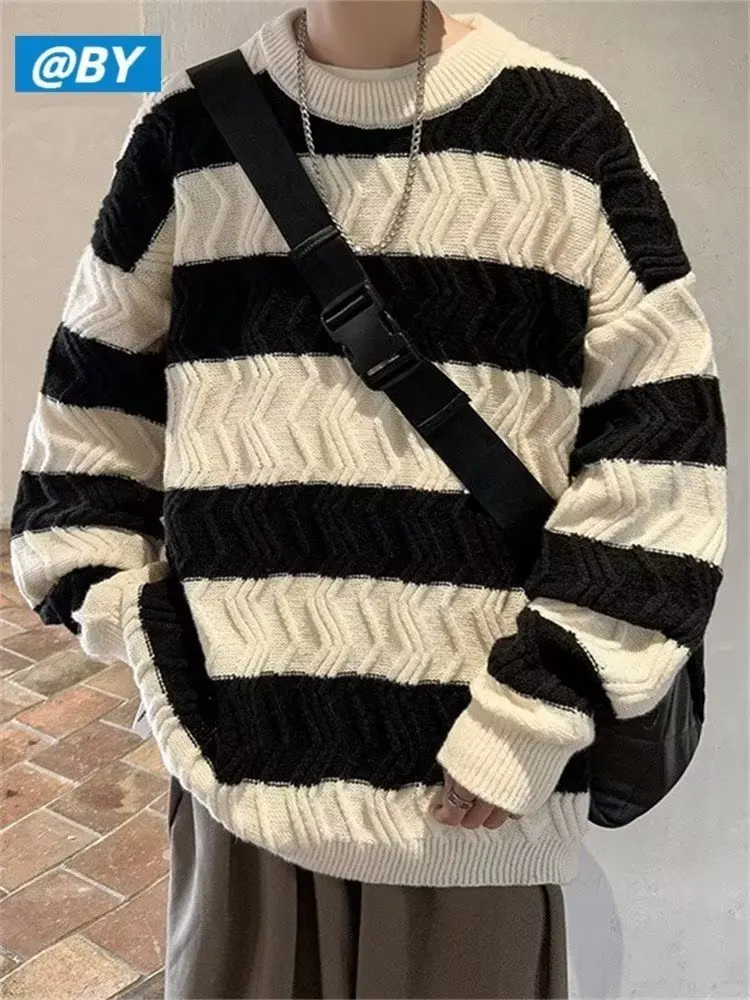 Lazy Coat Vintage Stripe Sweater Men\'s Autumn and Winter Thickened Design Sense Small Crowd Round Neck Sweater Fashion Brand