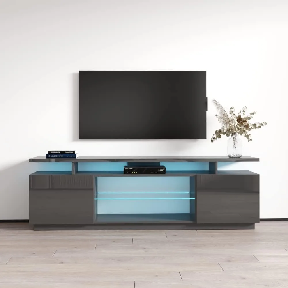 

TV Stand with Matte Glossy Finish - Modern High Gloss Console with Storage Cabinets and LED Lights - Up to 80"
