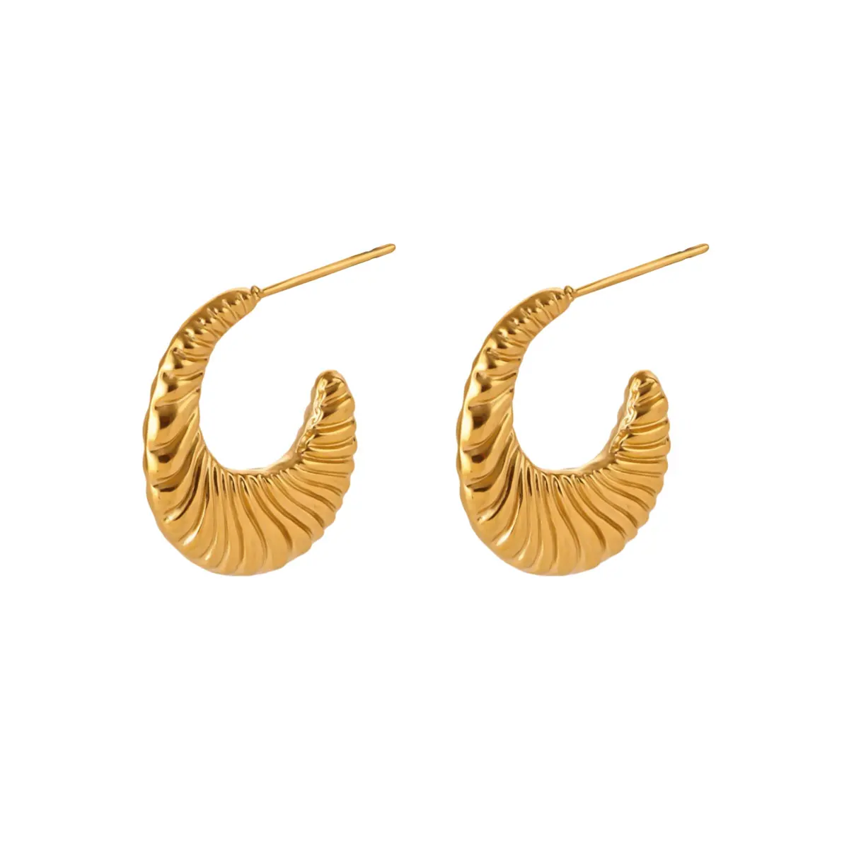 Vintage Goldfarbene Edelstahl-Creolen, gehämmerte geometrische quadratische plissierte klobige Croissant-Ohrringe, Damenschmuck – Detail 17