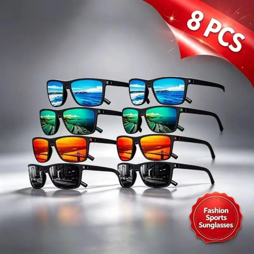 8 Pairs of Sports Glasses of The Same Style for Men and Women, Colored Lenses, Lightweight Frames, Fashionable Sunglasses for Men and Women for Outdoor Riding, Driving, Fishing, Running, Gift-giving Recommendations