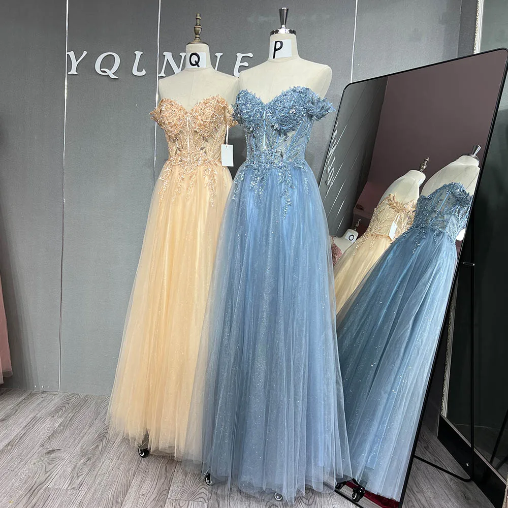 Champagne Gold Long Prom Dresses Off Shoulder Appliques Flowers Beaded Formal Women Party Gown 2024 Vestido In Stock