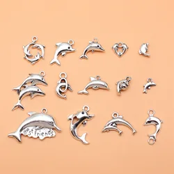 14pcs Antique Silver Color Dolphin Charms Collection For DIY Jewelry Making, 14 Styles, 1 of Each