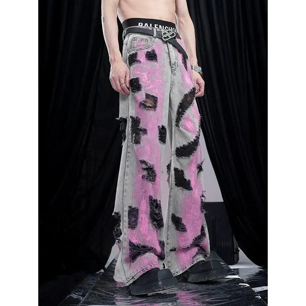 

Мужские рваные джинсы свободного кроя, широкие прямые брюки в пол, из хлопкового стрейч-денима, молодежный повседневный стиль