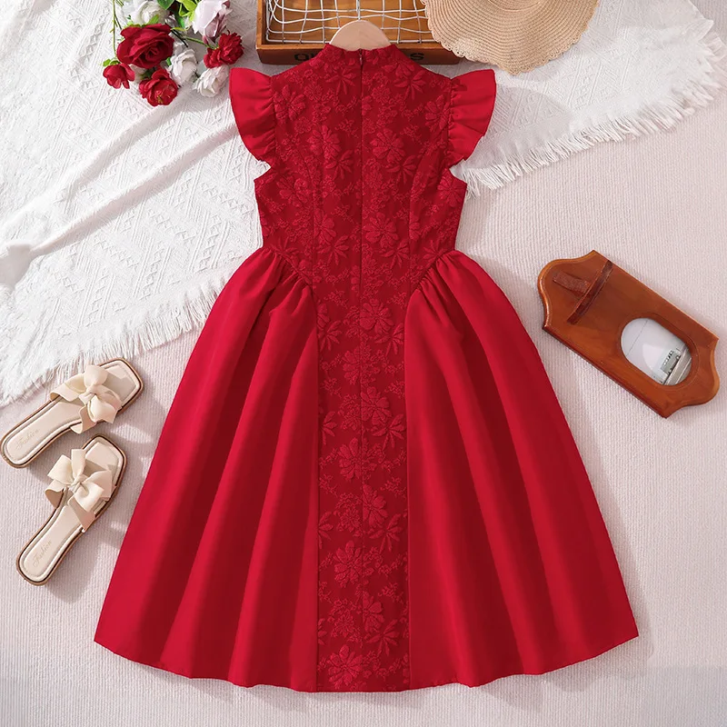 2026 Summer Kids Girls Princess Dress Chinese Style Mandarin Collar Luxury Embroidered Short Sleeve Waist A-Line Dress
