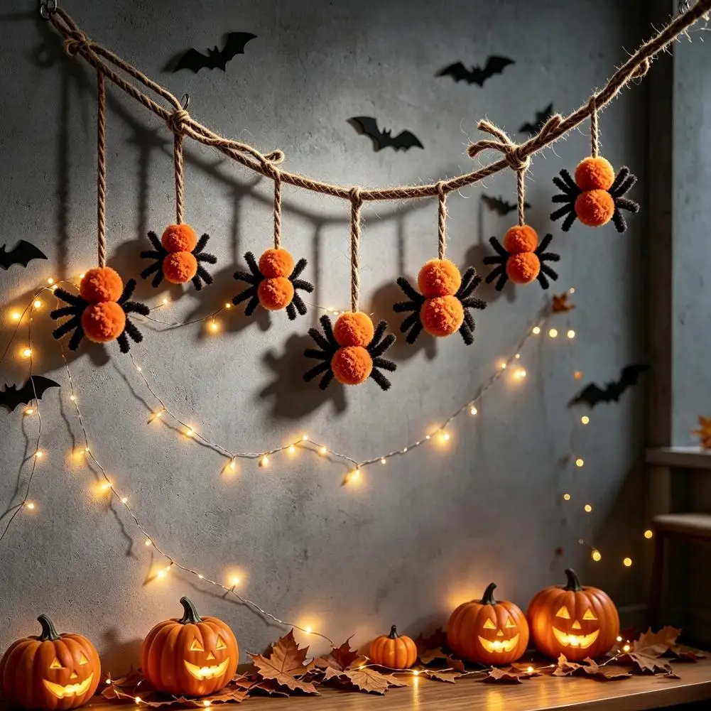 Cute Spider Props for Kids Plush Spider Hanging Decor 78 Inch Halloween Spider Banner Black Orange Plush Pom Pom for Party