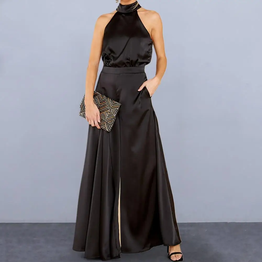 

Prom Long Jumpsuit Elegant Off-shoulder Women's Jumpsuit with Halter Neck Wide Leg Featuring High Waist Deep Crotch for Parties