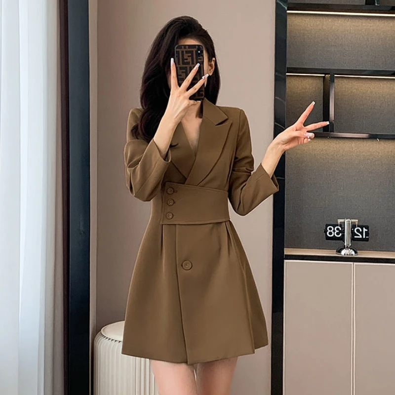 

Brown Business Suit Collar Dress High Sense Spring Autumn 2024 Women Workwear Skirt Korean Fashion Style Casual Mid-length Dress