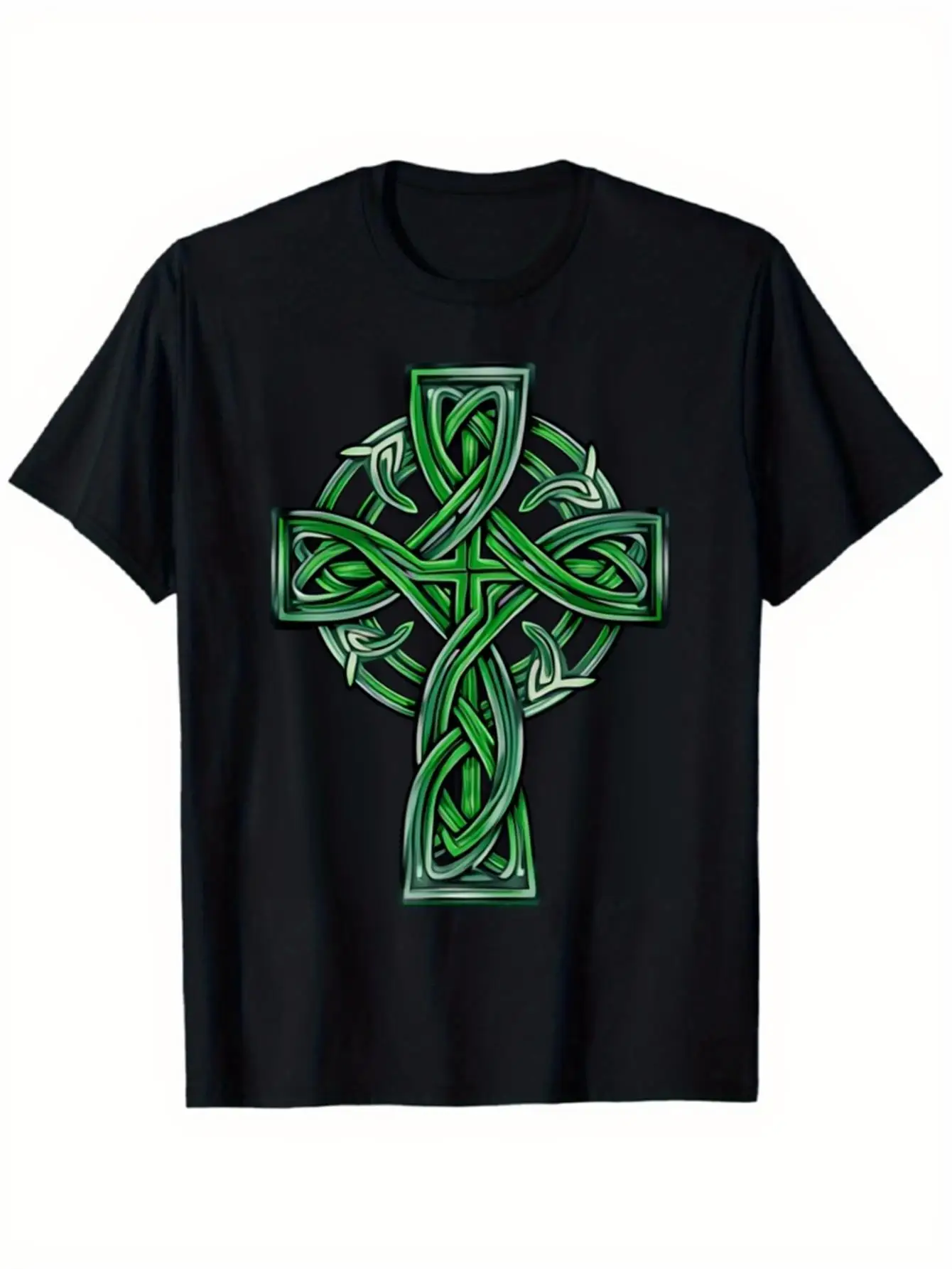 Men's Black Short-Sleeve Crew Neck T-Shirt, Celtic Cross Pattern, Everyday Casual St. Patrick's Day Fashion Top, Street Style Comfortable Fit, Pure Loose Fit, Unisex 2026 Crew Neck Regular Style Couple's T-Shirt, Plus Size