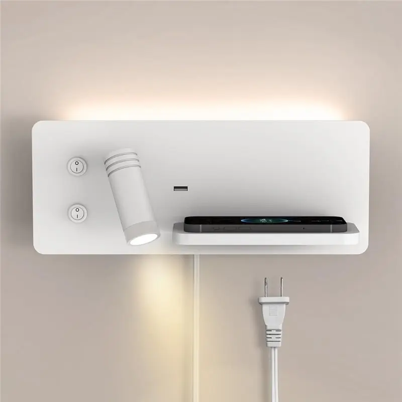 DT17 Modern LED Bedside Wall Lamp with Wireless & USB Port, Bedroom Reading Light Night Light Sconce with Switch Right