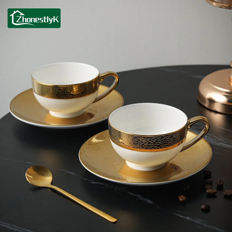 

European Leather Patterned Gold-plated Bone China Coffee Cup Office Light Luxury Mug Afternoon Tea Cups Household Drinkware