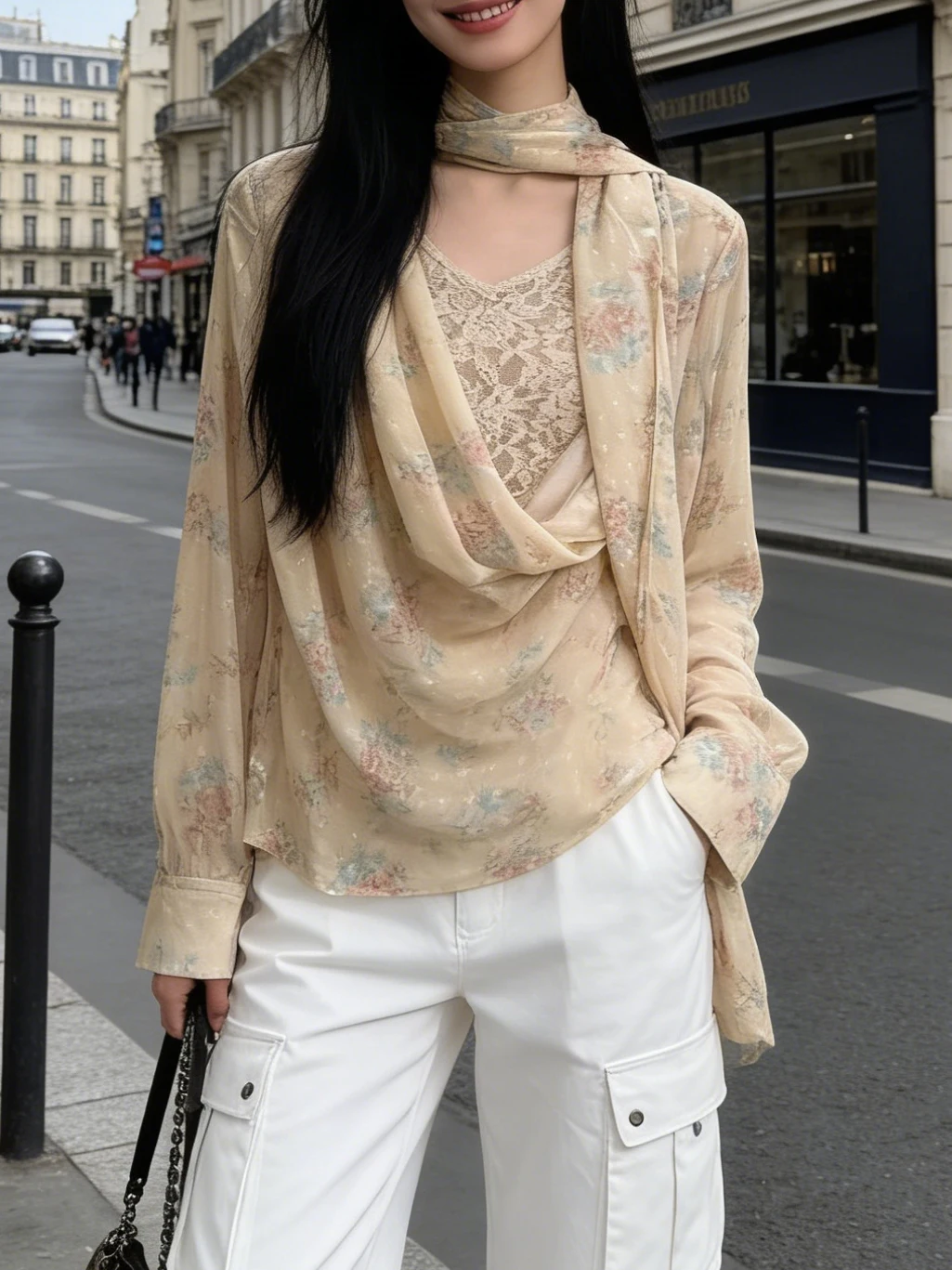 

New Chinese Sle Floral Lace irt Women's Summer Design Sensation Sa Long Sve Blouse Fake Two-Piece Breathable Skin-Fr...