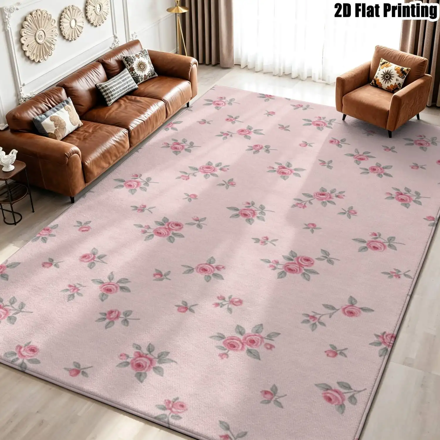 1Pc 2D Printed Soft Pink Rose Floral Vintage Carpet, Instagram-Style Floor Mat, Machine Washable, Multi-Size, Ideal for Home Decor Spaces