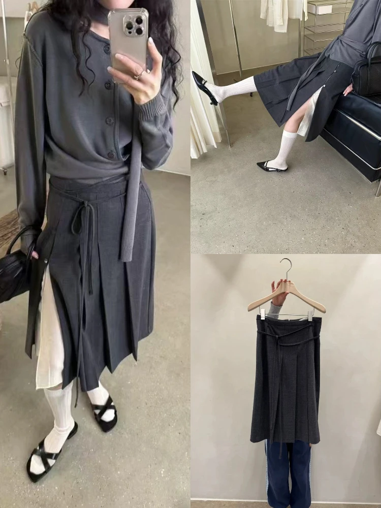 

Весна 2025 Sle Lake Sde, маленькая сложенная юбка длиной f, женская юбка трапециевидной формы с боковым разрезом, юбка-миди с высокой талией