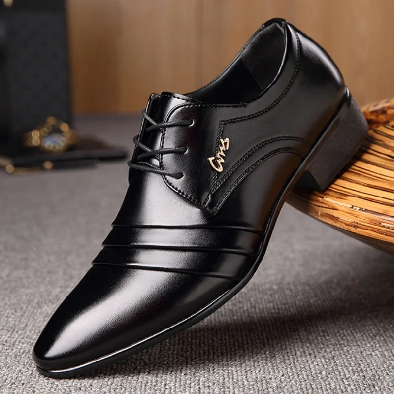 Men\'s Business Leather Shoes Casual Pointed Toe Formal Leather Lace-up Sleeve Low Top Plus-size Shoes Wedding Shoes for Men