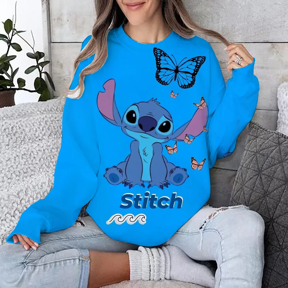 2024 nueva sudadera de dibujos animados de Disney Lilo & Stitch para mujer, Jersey holgado con cuello redondo, Top de manga larga con estampado divertido de otoño