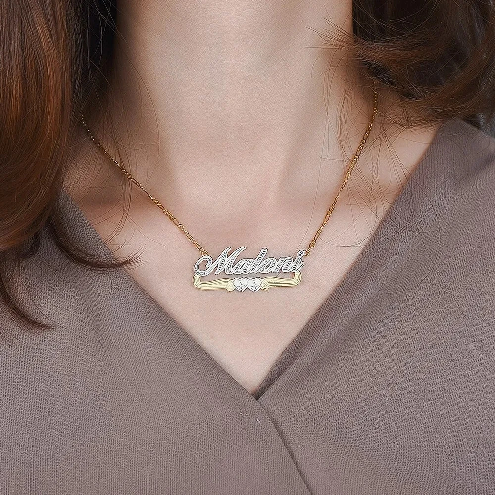 Customized Two Tone Two Heart Custom 18K Gold Plated Name Necklace Personalized Double Plated Name Pendant For Women Necklace