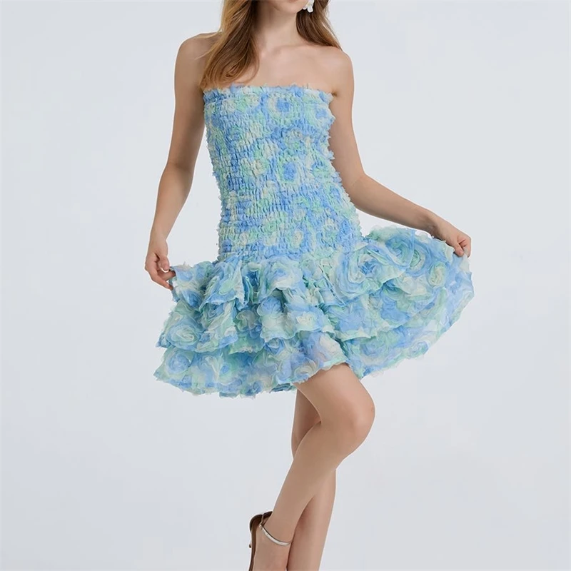 ฤดูร้อนดอกไม้อย่างเป็นทางการชุดราตรีสั้นชุดผู้หญิงหวานชุดบอล 3D ดอกไม้ Ruffle Beach สวมวันเกิด Prom Party Dresses