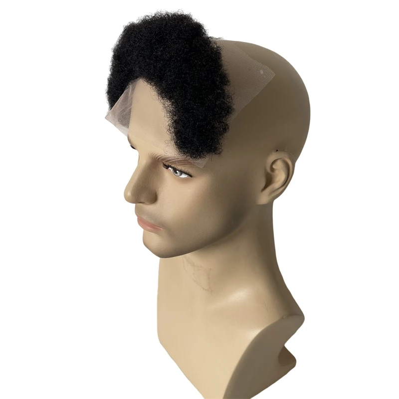 Postizos de cabello humano virgen brasileño para hombres negros, raíz de 4mm, rizo Afro rizado, línea de cabello de encaje de 4x15cm