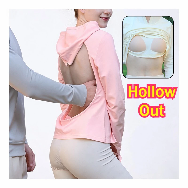 Women Hollow Out Backless Sexy Exercise Jackets with Bui-in Bra Hoods Couple Play Outdoor Revealing Sportwear Sunbathing Cloth