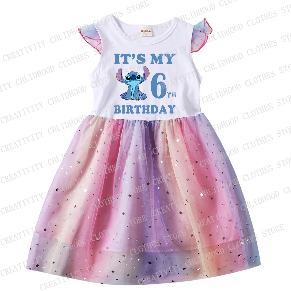 Girl Dress Print Stitch Number 123456789 for Girls Princess Cartoons Disney Children Casual Clothes Gauze Dresses Kid Baby Gifts