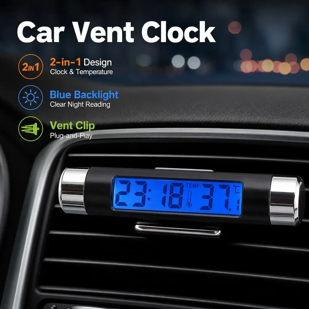 Car Air Vent Digital Clock Thermometer 2 in 1 LED Backlight LCD Display Auto Interior Outlet Clip Temperature Meter Gauge
