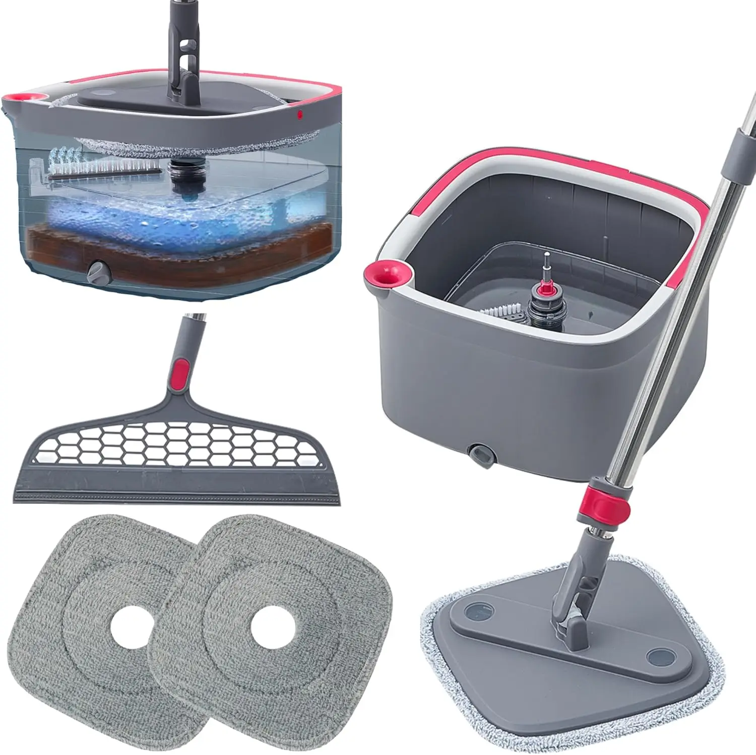 

Heavy Duty Square Spin Mop with Separate Water Compartments, Self-Cleaning and Machine Washable Pads for All Floor Types