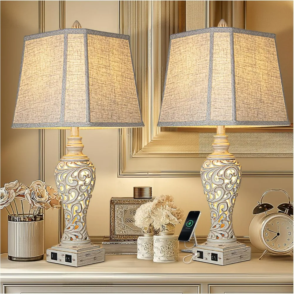 

Table Lamps Set of 2 - Bedside Lamp with Fabric Shades - for Bedroom and Living Room with USB and Nightlight